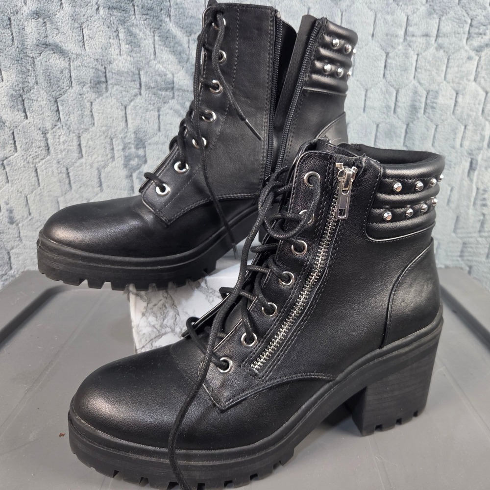No Boundaries Womens Black Studded Combat Boots Block Heel Lug Sole Size 9